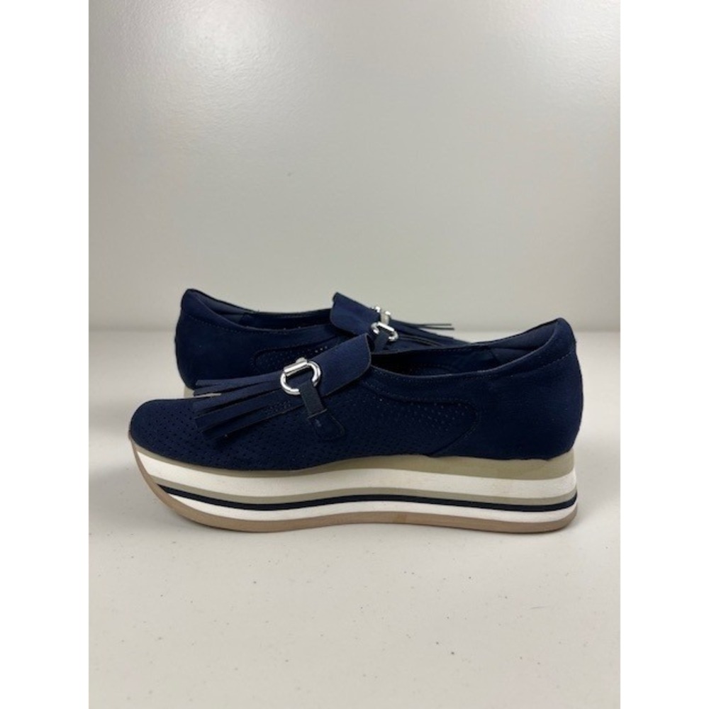 Crown & Ivy Navy Blue Platform Bosco Sneakers Loafers Tassel Striped Sole Sz 8.5 - Picture 9 of 12